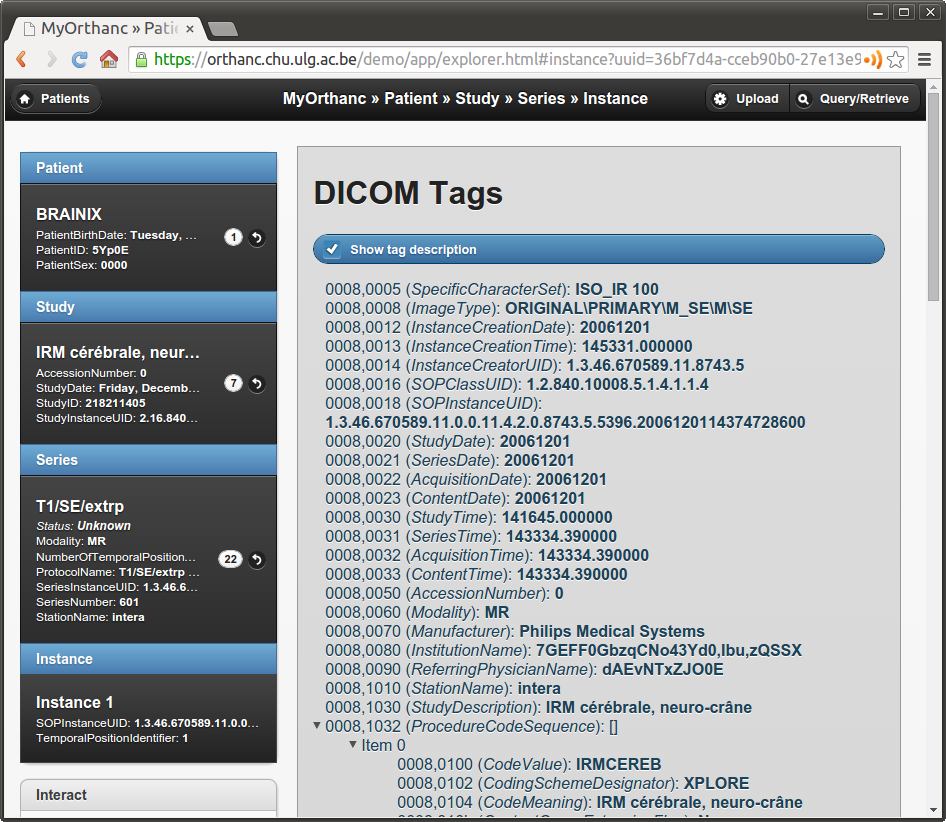 Orthanc DICOM tag explorer