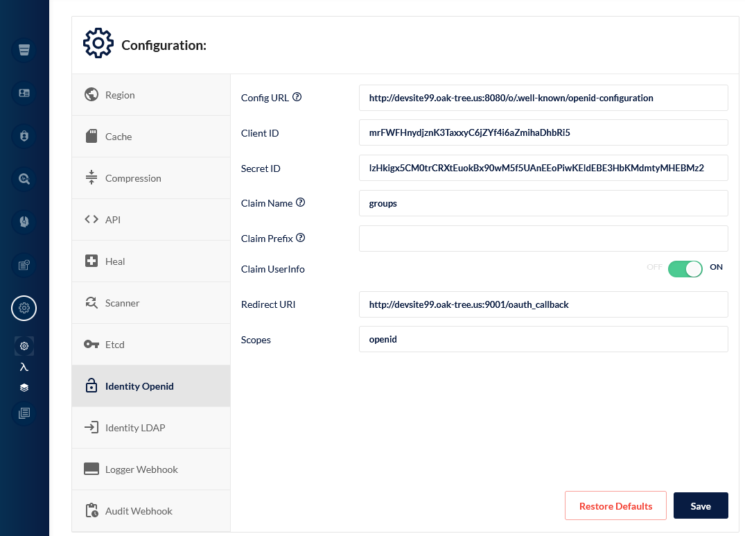 Acorn SSO: MinIO OpenID Settings (version 0.1)