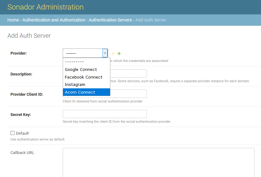 Sonador 0.2 Authentication: Create Authentication Server