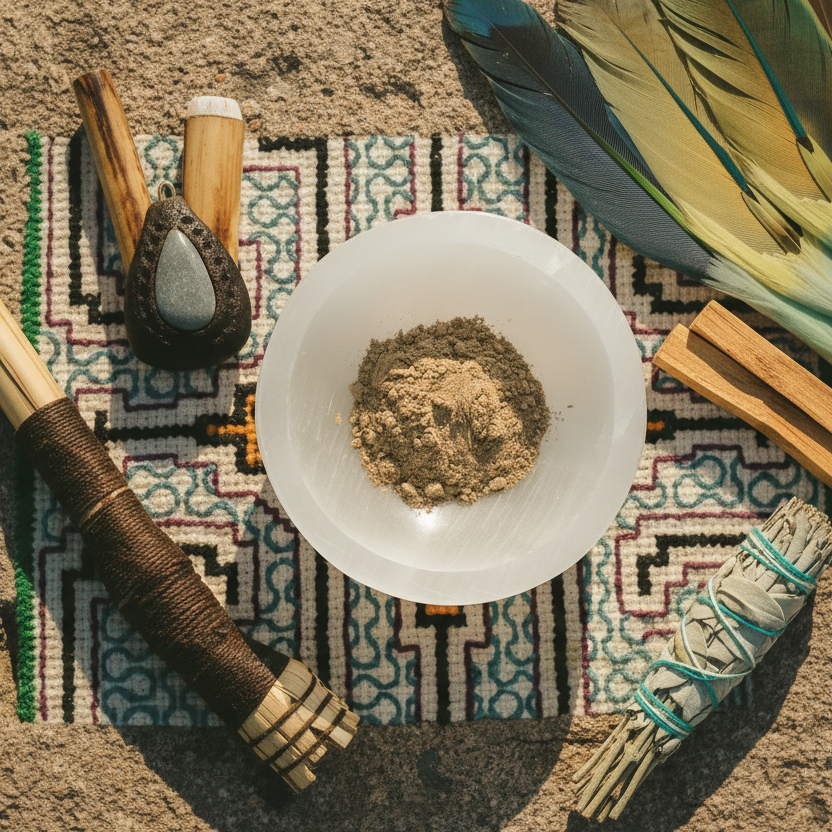 Altar Origin hapé offering — ceremonial bowl with kuripe, feathers and sage