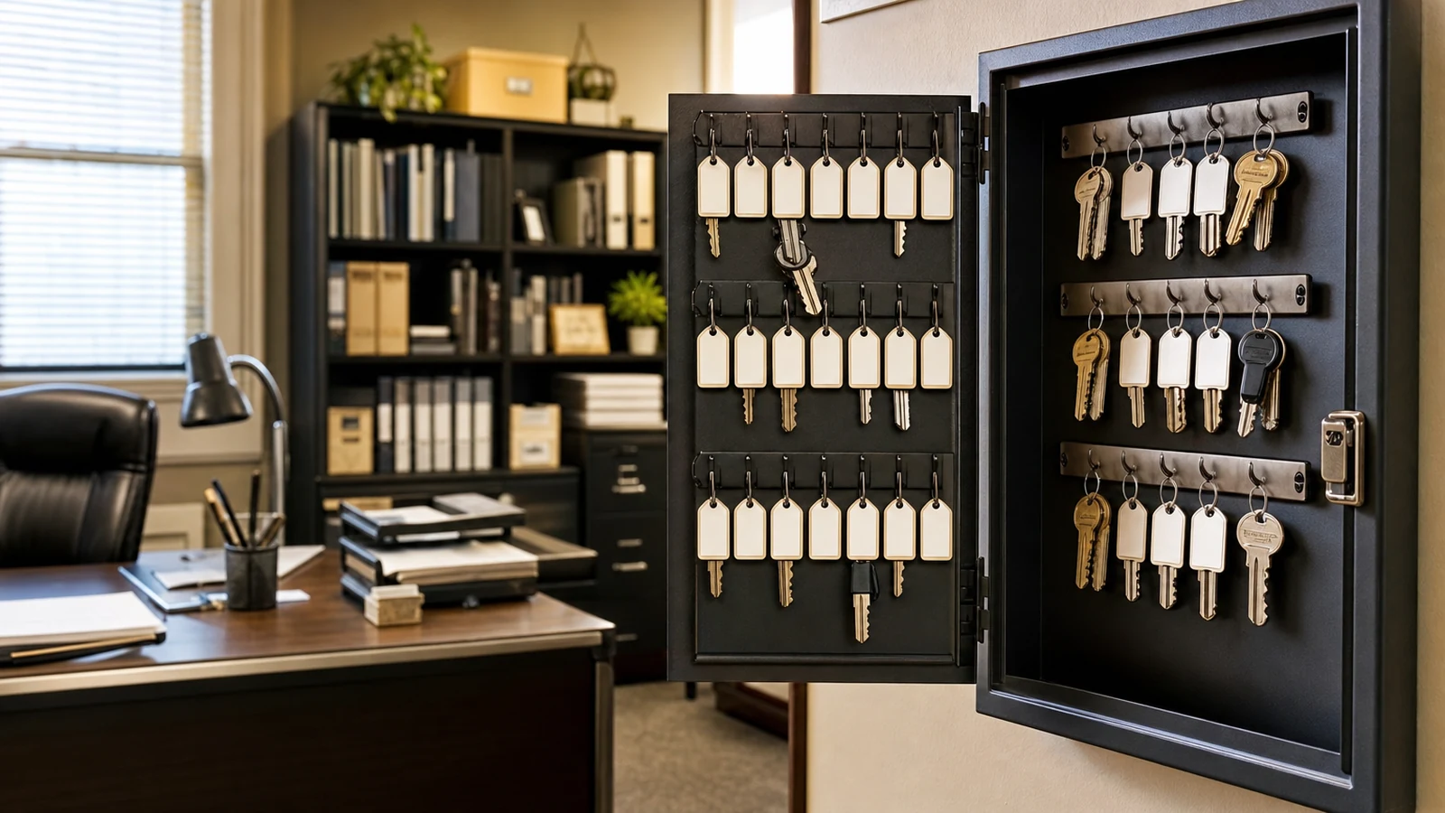 Office key cabinet with organized key tags