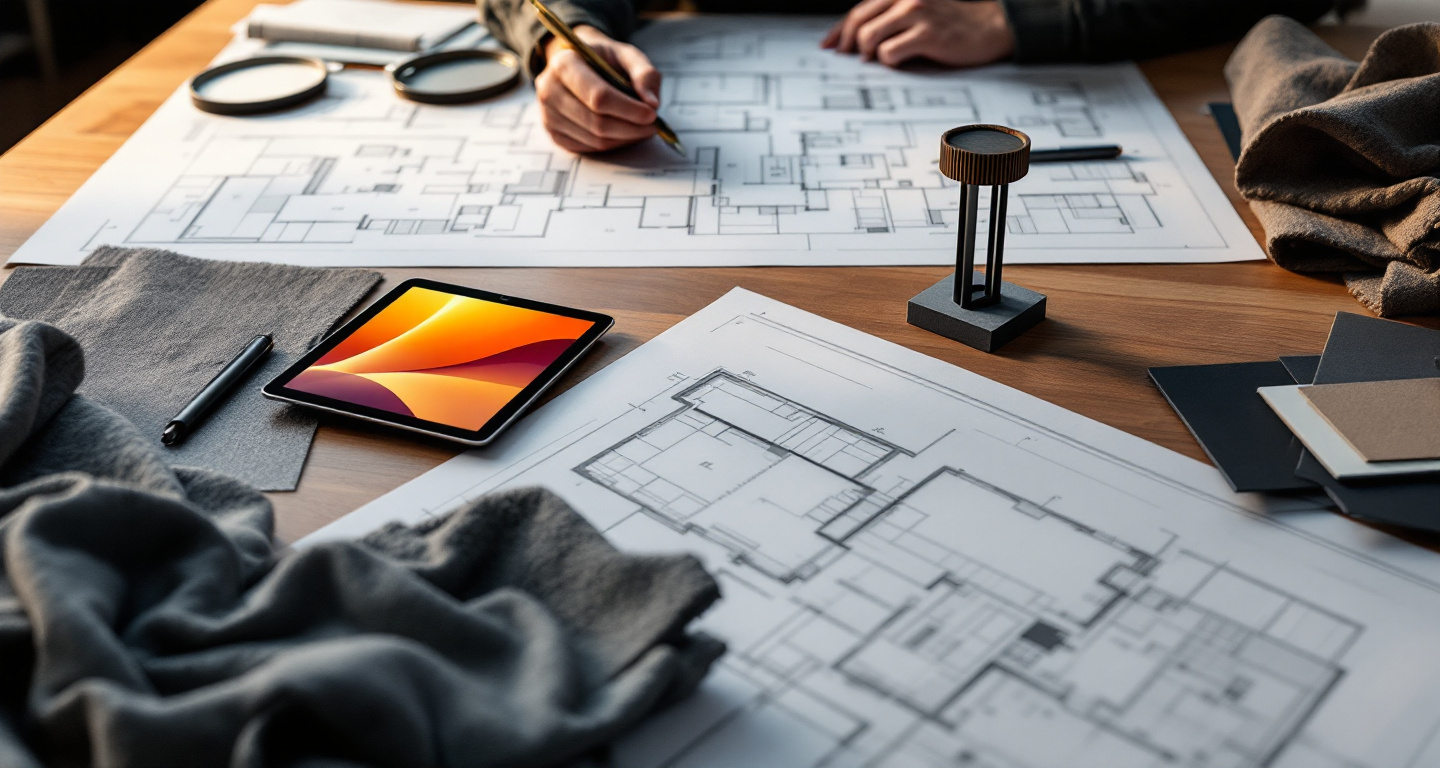 A planning table with floor plans, material samples, a tablet showing an abstract gradient, and a kiosk model